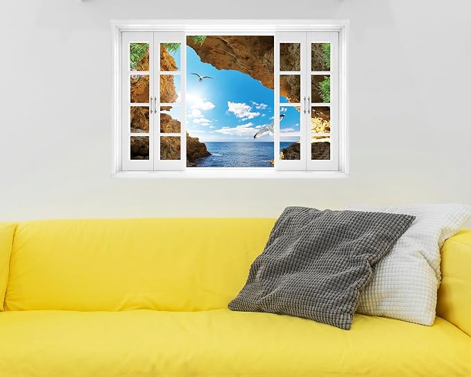 FLFK Fake Window Wall Decal - Seascape with Seagulls View Peel and Stick Mural, 24 x 16 inches - Image 4