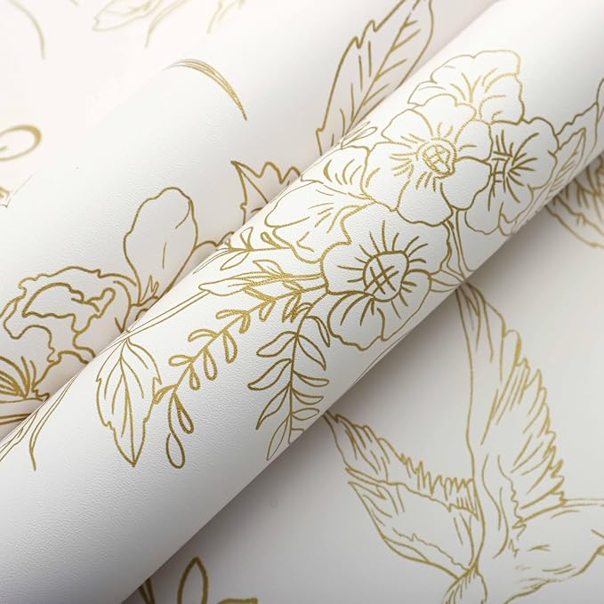 Froluya Cream White and Gold Floral Peel and Stick Wallpaper 17.7in×196.8in | Vintage Floral Birds Self Adhesive Wallpaper Boho Contact Paper Peel and Stick Removable Decorative Wall Paper for Cabinets - Image 5