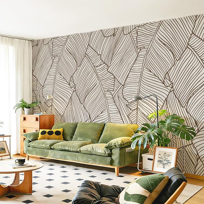 Banana Leaves Peel and Stick Wall Mural for Living Room | 137''x98'', Extra Wide Urban Funky Wallpaper, Removable Leather Textured & Water-Resistant, Salon Gallery Home Bar by Flortlias