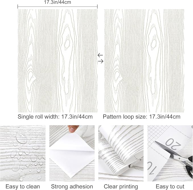 Yun-aeon Light White and Silver Wood Contact Paper 17.3"x120" Rustic Wooden Peel and Stick Wallpaper Removable Self-Adhesive Wallpaper Wood Grain Contact Paper for Countertops Cabinets - Image 2