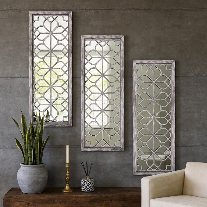 Set of 2 16x41.5 Inch Large Carved Floral Wood Frame Wall Mirrors, Shatterproof Boho Farmhouse Rustic Accent Mirrors for Living Room, Bedroom, Bathroom, Entryway & Home Wall Decor （Brown） - Image 3