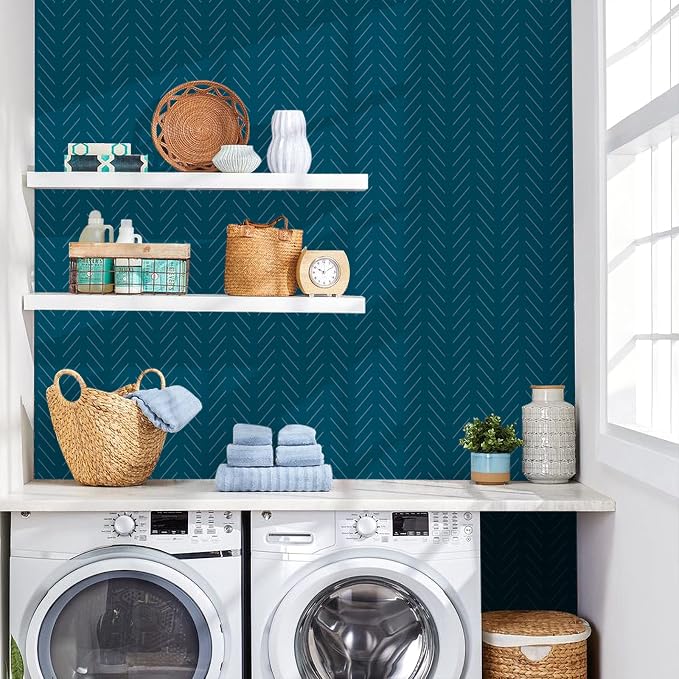 Orainege Blue Peel and Stick Wallpaper Navy Wallpaper Self Adhesive | 17.7 in x393.7 in Blue Contact Paper Herringbone Geometric Wallpaper Peel and Stick Removable Vinyl Wall Paper for Bathroom - Image 7