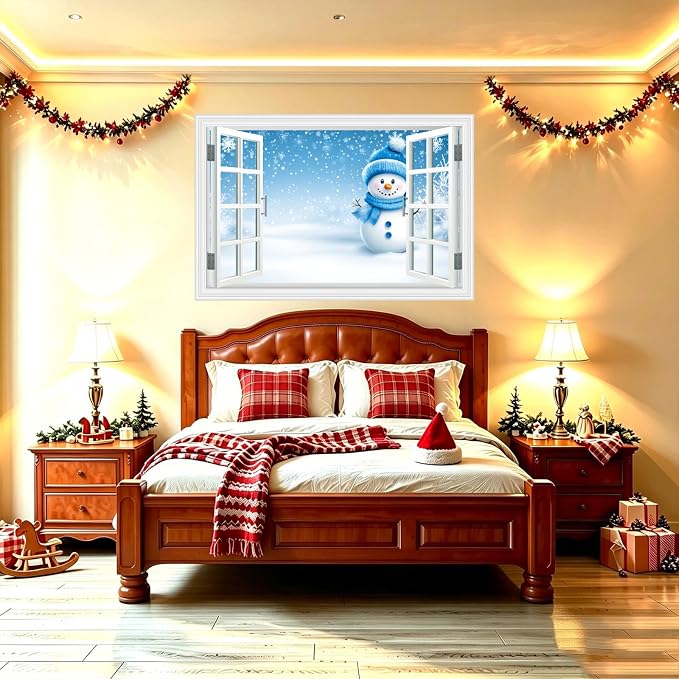 Fake Window Wall Decal- Winter Christmas Blue Snowman Snowflakes Sticker | ｜Faux Window Natural Scenery Landscape Mural ｜ Stick and Peel Wall Decal｜Room Bedroom Office Decor｜48"x32",Set of 2 Sheets - Image 5