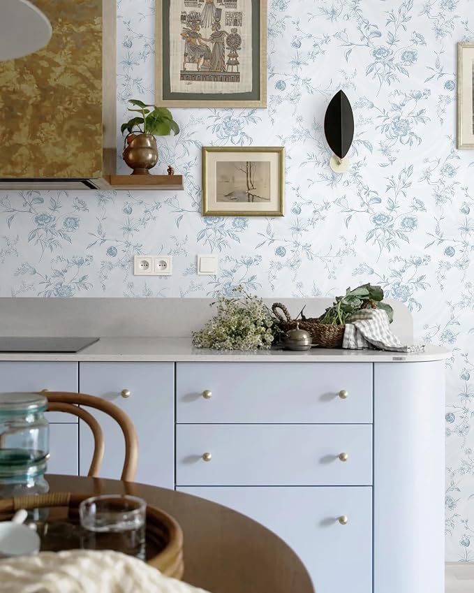 Ismoon Blue Wallpaper Peel and Stick Floral Vintage Stick on Wall Paper French Textured Contact Paper for Cabinet Removable Self Adhesive Wallpaper Vinyl Roll Shelf Deco, 17.3x78.7in - Image 3