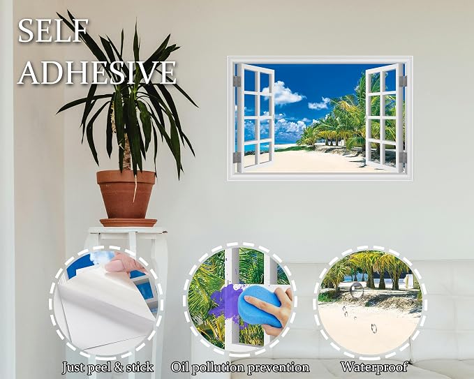 FLFK Fake Window Wall Sticker, White Frame Tropical Beach Scene, Peel and Stick Removable Wall Decal, Paradise Ocean View with Palm Trees, 24 x 16 Inches, Modern Style, Indoor Use - Image 7