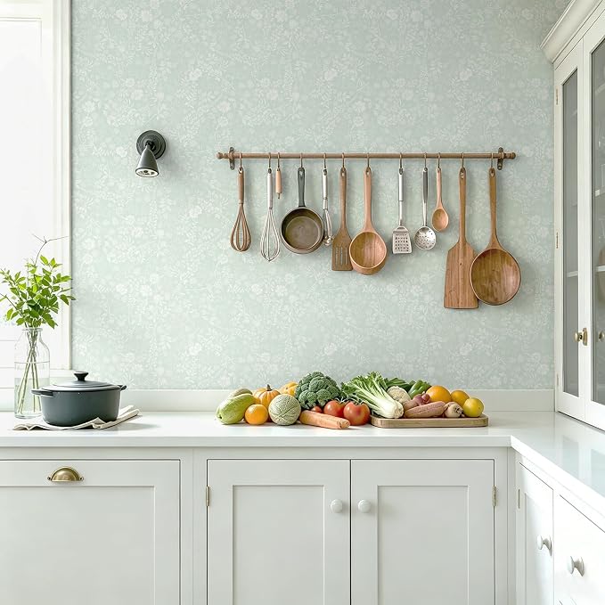 Guvana Sage Green and White Peel and Stick Wallpaper Floral Wallpaper Slef Adhesive Removable Waterproof Contact Paper Boho Wall Paper for Living Room Bathroom Bedroom Kitchen 17.3''x78.7'' - Image 5