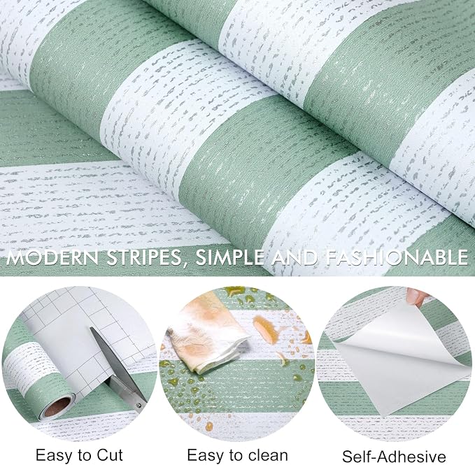 Green Stripe Peel and Stick Wallpaper A Set of 15.7" x 472" Green and White Self-Adhesive Wallpaper Removable Waterproof Contact Paper for Cabinets,Bedroom,Nursery,Accent Wall - Image 8