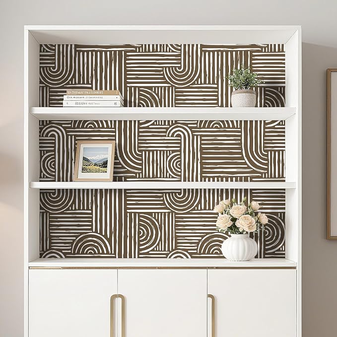 Livelynine Brown Geometric Wallpaper Peel and Stick Bold Abstract Wallpaper Living Room Accent Wall Paper Removable Minimalist Mid Century Modern Contact Paper for Cabinets Self Adhesive 17.5x78.8 - Image 5