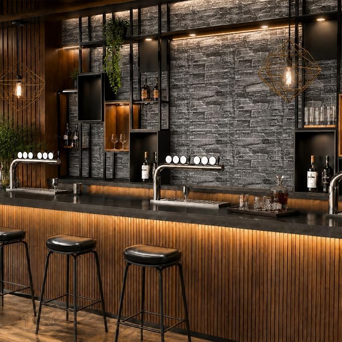 3D Wall Panels Peel and Stick Faux Foam Brick Wallpaper Covering | Rock Black 40 PCS 11.8"×11.8" Self Adhesive Stone Wall Tiles for DIY Interior Wall Decor - Image 3