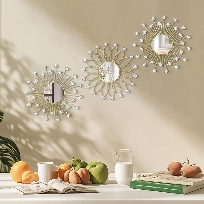 3 Pack Metal Mirrors for Wall Sunburst Wall Mirrors Home Décor Decorative Hanging Wall Art for Living Room Bedroom Entryway (Gold2 Crystal, Flower+Sunburst) - Image 5