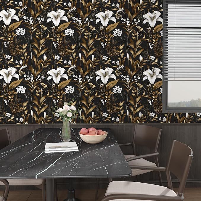 Laatse Vintage Dark Black Golden Floral Peel and Stick Wallpaper 17.5"x197" | Self Adhesive/Removable/Waterproof/Thick Vinyl Contact Paper for Bathroom Bedroom Shelf Cabinet Drawer,Prepasted,Easy Peel - Image 8