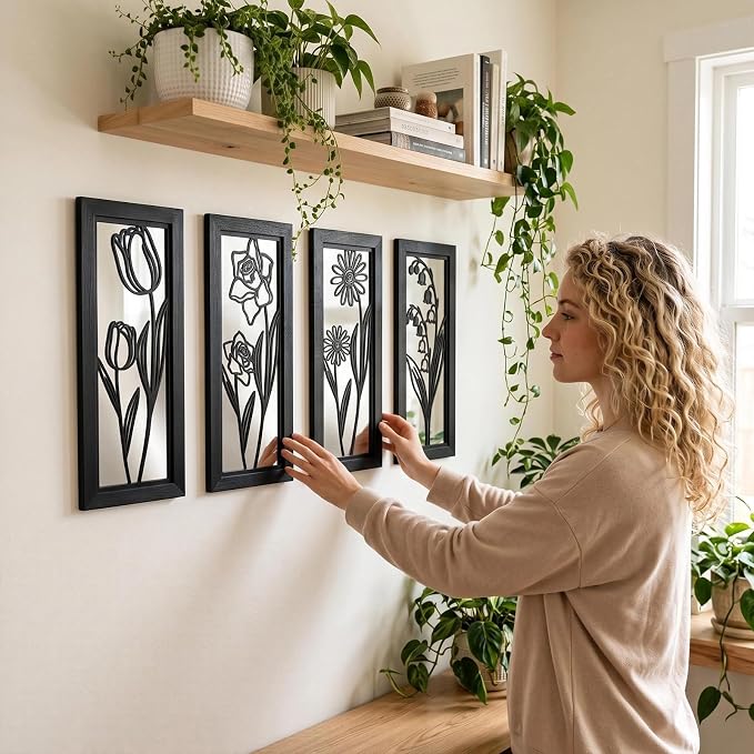 4 Set Farmhouse Mirrors for Wall Decor Living Room Bedroom Bathroom Entryway Wood Rustic Decorative Framed Hanging Wall-Mounted Accent Mirror Mounted Style - Distressed Black 16.5 in - Image 3