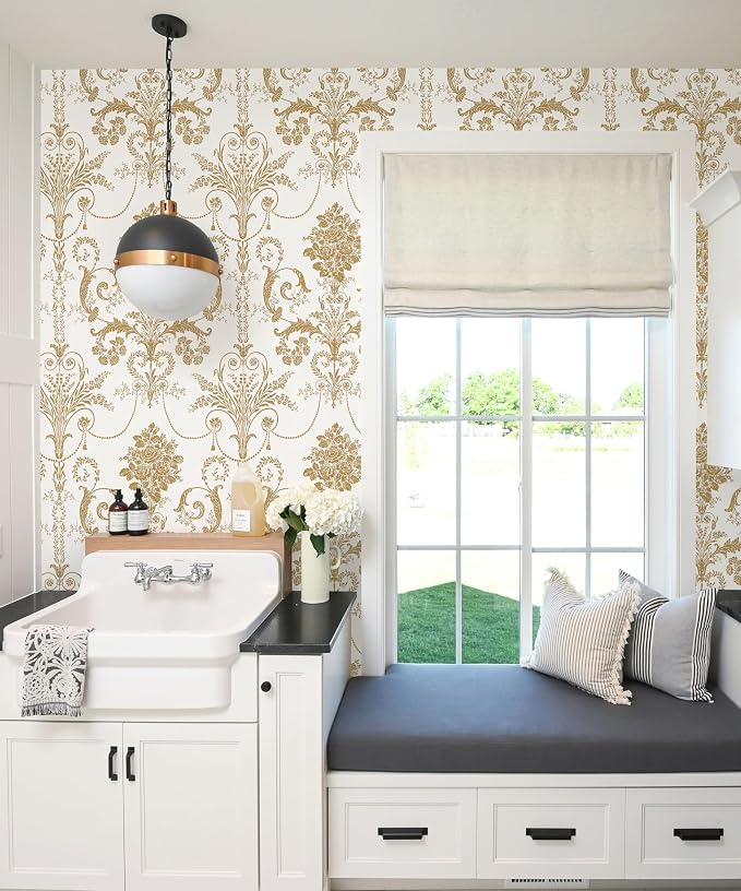Damask Floral Peel and Stick Wallpaper Removable Gold Flowers Contact Paper | 17.3" X 197" Gold and White Damascus Wallpaper Boho Self Adhesive Decorative Wallpaper for Bedroom Accent Wall DIY Vinyl Roll - Image 7