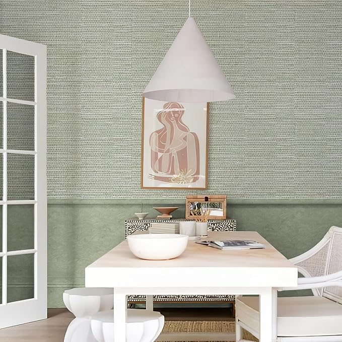 HueBurst Green Grasscloth Peel and Stick Wallpaper 17.3" x 394" Renter Friendly Neutral Textured Grassweave Wallpaper Self Adhesive Removable for Bathroom Bedroom - Image 2