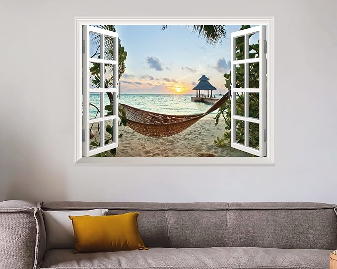 FLFK Fake Window Wall Sticker - Sunset Beach Faux Window Wall Mural for Wall Decor, Stick and Peel Wall Decals,16"x24" - Image 5
