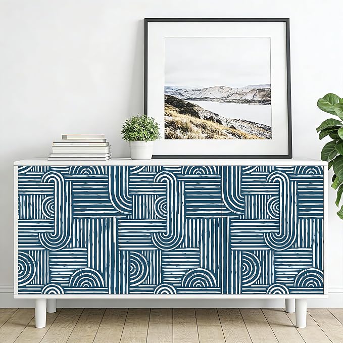 Livelynine Blue Peel and Stick Wallpaper Geometric Modern Abstract Dark Blue and White Vinyl Removable Navy Accent Wallpaper Mid Century Geometric Contact Paper for Drawers Cabinet Bathroom 17.5x78.8 - Image 8