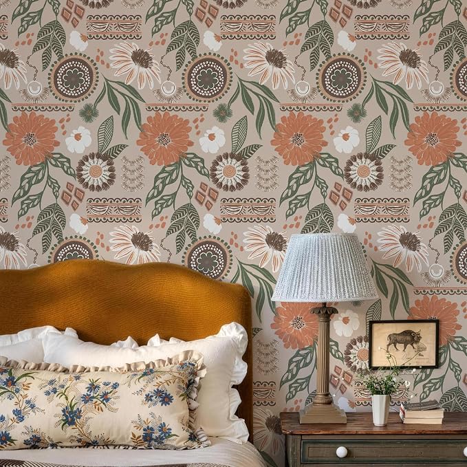 Simon&Siff Boho Sun Floral Retro Peel and Stick Wallpaper 17.3" x 800" | Removable Waterproof Self Adhesive Contact Paper, Renter Friendly for Cabinets, Furniture, Bedroom, Bathroom, DIY Decor - Image 3
