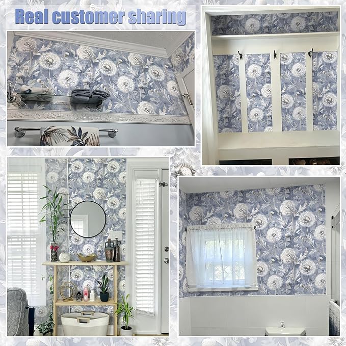 Jeweluck Blue Floral Peel and Stick Wallpaper Dandelion 16.9" x 118.1" | Vintage Blue Contact Paper Peel and Stick Dandelion Boho Self Adhesive Removable Wallpaper for Bathroom Cabinets Decorative - Image 5