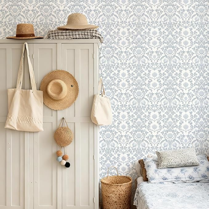 YXTII 590.5" × 17.3" Blue Floral Peel and Stick Wallpaper, Damask Vintage Wallpaper for Bedroom Bathroom Self Adhesive Removable - Image 4