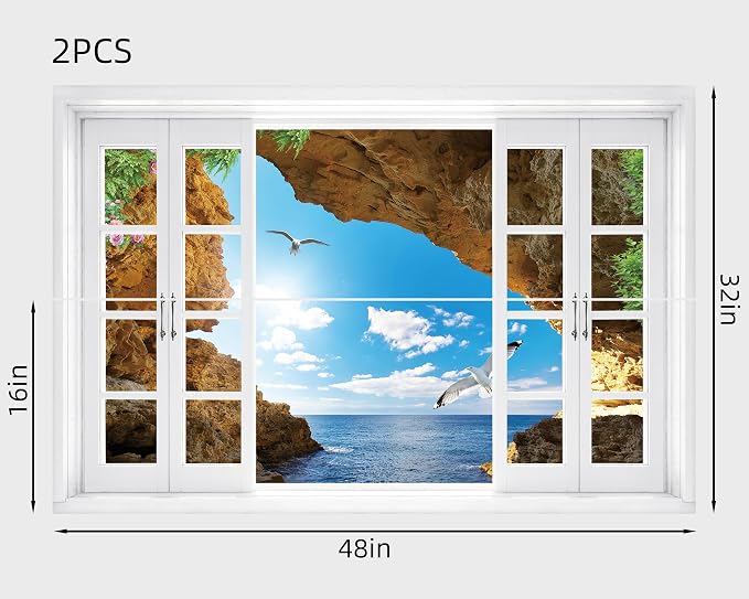 FLFK Fake Window Wall Mural - Seascape with Seagulls View Peel and Stick Decal, 48 x 32 inches, Set of 2 Sheets - Image 2