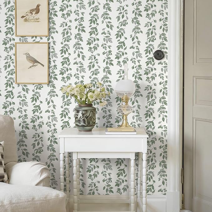 Ismoon Green Wallpaper Peel and Stick Vintage Wallpaper 17.3in x 28.21ft Green Leaf Contact Paper Vintage Cottage Wall Paper for Bedroom Bathroom Kitchen Nursery Removable Vinyl - Image 2