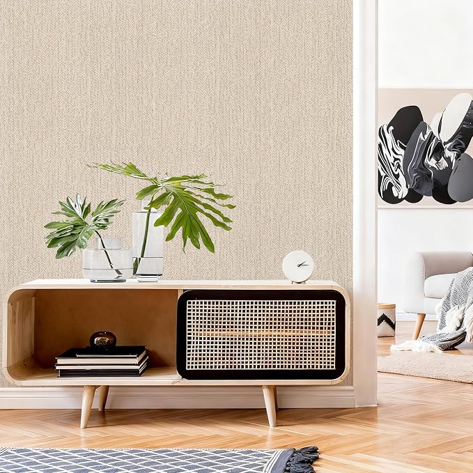 Grasscloth Peel and Stick Wallpaper Beige Contact Paper 16in x 393in | Faux Linen Vintage Wallpaper Textured Removable Wall Paper Grass Cloth Cabinets Bedroom for Cabinet Self Adhesive Vinyl - Image 2
