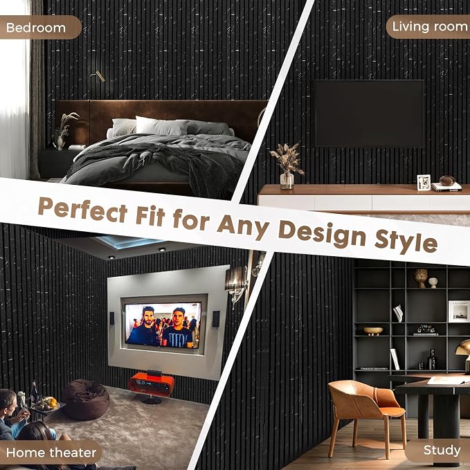 Wood Slatwall Panels, 2 Pack 94.5"x12.6"(16.5ft²) Acoustic Wall Panels | Wood Slat Acoustic Panels for Noise Cancelling and Home Decor, Living Room, Bedroom, Office, Black Marble - Image 6