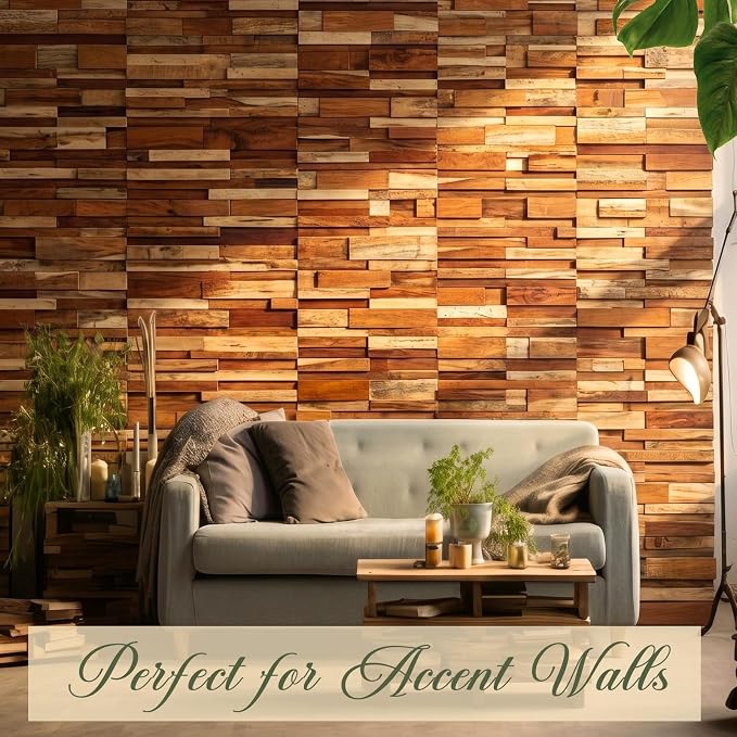 Kathfly 8 Pcs Wood Wall Panels, Reclaimed Real Teak Wood 3D Panels for Interior Accent Wall, Mosaic Paneling Tiles, Natural DIY Decor for Living Room, Bedroom, Office, Covers 7.68 Sq ft - Image 2