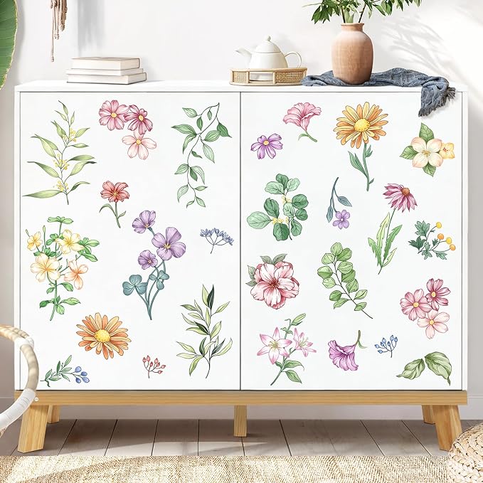 Wildflower Wall Decals - 9 Sheets 60 Pcs Boho Flower Botanical Plants Wall Stickers Peel and Stick Vinyl Stickers for Living Room Bedroom Sofa TV Backdrop Decor | Wall Decor for Bedroom Living Room Office TV Wall - Image 2