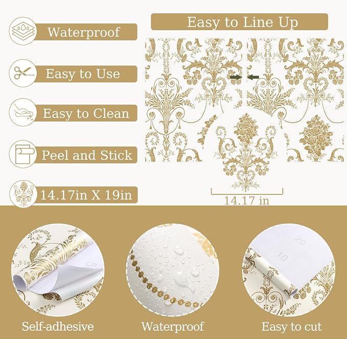 Damask Floral Peel and Stick Wallpaper Removable Gold Flowers Contact Paper | 17.3" X 118" Gold and White Damascus Wallpaper Boho Self Adhesive Decorative Wallpaper for Bedroom Accent Wall DIY Vinyl Roll - Image 5