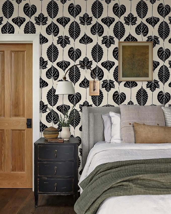 Dimoon Modern Peel and Stick Wallpaper Black and Cream Leaf Contact Paper Botanical Wallpaper Vintage Renter Friendly Removable Geometric Wall Paper for Bedroom Kitchen Textured 17.3''x78.7'' - Image 6