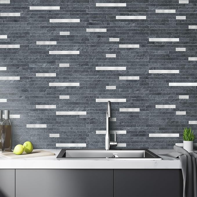 AULIGET 20 Sheets Black Slate Peel and Stick Backsplash, PVC Mixed Metal Silver Wall Tile Stick on Backsplash for Kitchen and Bathroom - Image 4