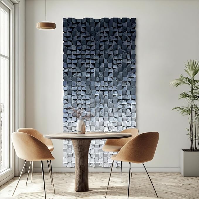 LIUZEYUE Blue and White Textured Wood Wall Art, Monochrome Block Gradient | extra large carved wood wall art; black and white, block shadow depth; stair landing narrow-wall centerpiece; 23.6 x 47.2 in - Image 8