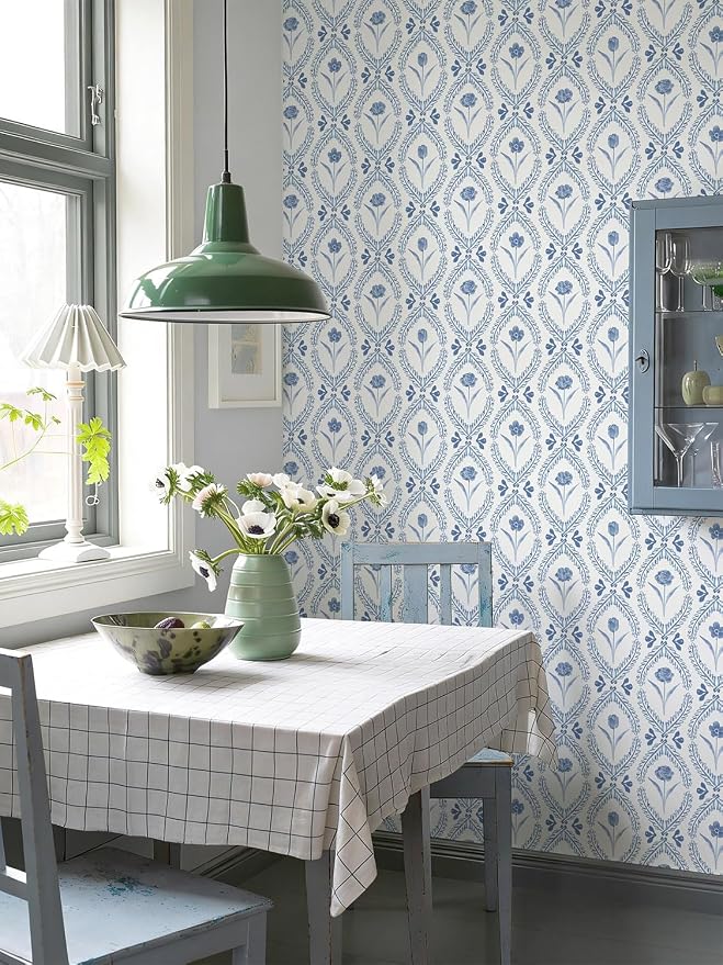 Orainege Floral Peel and Stick Wallpaper Blue Floral Wallpaper | 16.9in x393.7in Leaf Flower Wallpaper Peel and Stick Boho Self Adhesive Removable for Bedroom Bathroom Decor - Image 6