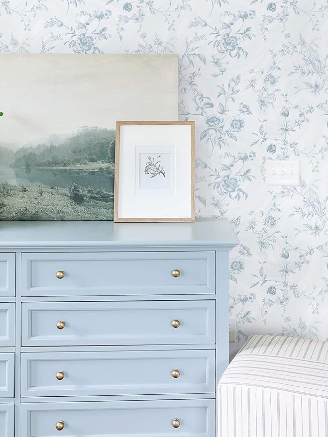 Ismoon Blue Wallpaper Peel and Stick Floral Vintage Stick on Wall Paper French Textured Contact Paper for Cabinet Removable Self Adhesive Wallpaper Vinyl Roll Shelf Deco, 17.3x787in - Image 3