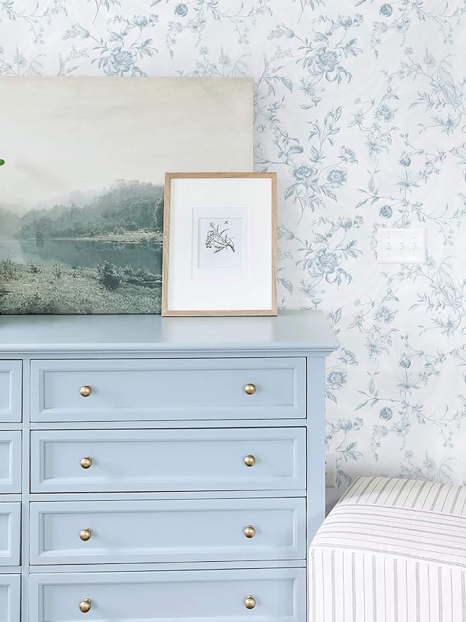 Ismoon Blue Wallpaper Peel and Stick Floral Vintage Stick on Wall Paper French Textured Contact Paper for Cabinet Removable Self Adhesive Wallpaper Vinyl Roll Shelf Deco, 17.3x196in - Image 2