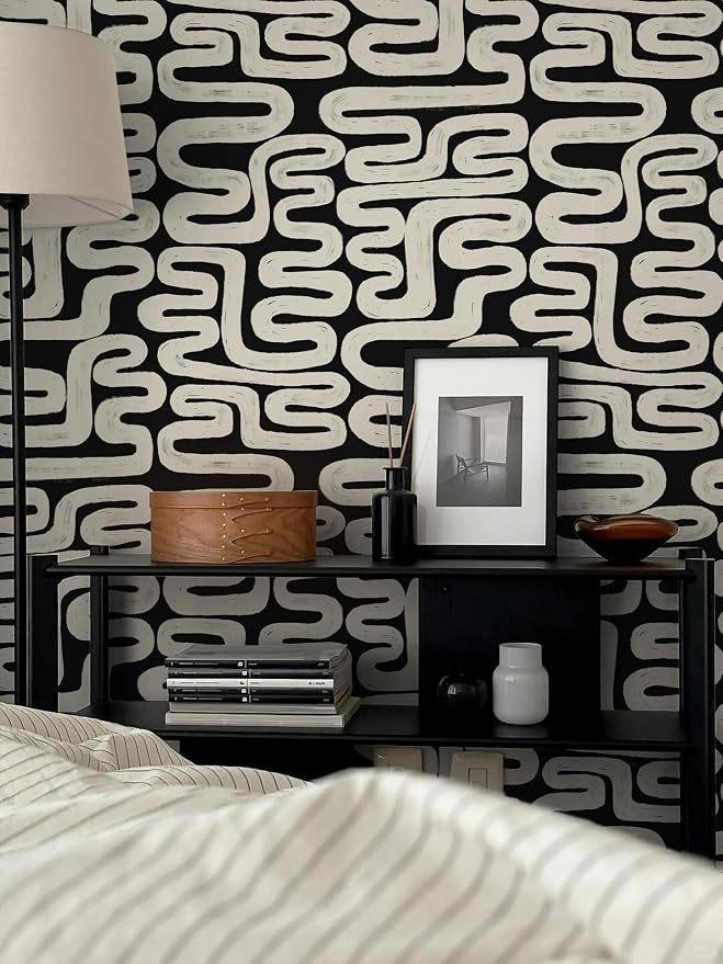 Black and Cream White Peel and Stick Wallpaper Modern Geometric Self-Adhesive Removable Contact Paper Thicken Waterproof Easy to Clean Decorative Wall Paper for Bedroom Bathroom 17.3in x 78.7in - Image 2
