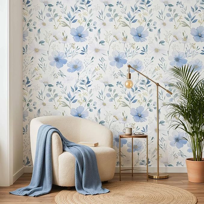 Light Blue Floral Peel and Stick Wallpaper, 17.7in x 118in | Self-adhesive and removable watercolor flower design for bedroom, living room, and accent wall - Image 9
