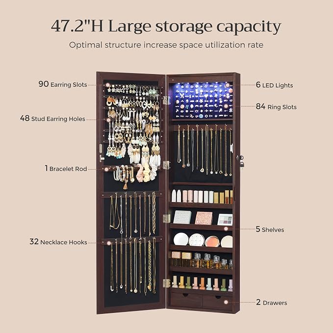 SONGMICS 6 LEDs Mirror Jewelry Cabinet, 47.2-Inch Tall, Lockable - Image 5