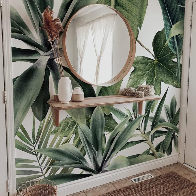 Tropical Green Peel and Stick Wall Mural for Bedroom | 92"x125", Large White Background Tropical Green Wallpaper, Removable Leather Textured & Water-Resistant, Old Wall Makeover - Image 9