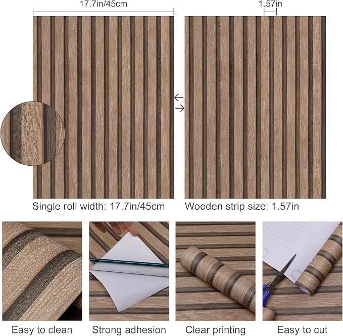 Yun-aeon Natural Wood - Light Tan Slats Peel and Stick Wallpaper for Wall | 17.3"x 160" Self-Adhesive Waterproof Vinyl Removable Wall Paper for Wall Decor Bedroom - Image 2