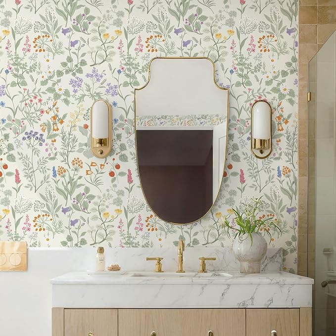 Dimoon Floral Wallpaper Peel and Stick Floral Leaves Contact Paper Beige Green Renter Friendly Wallpaper Removable Textured Farmhouse Cottage Wall Paper for Bathroom Bedroom Vinyl Roll 17.3" X 78.7" - Image 4