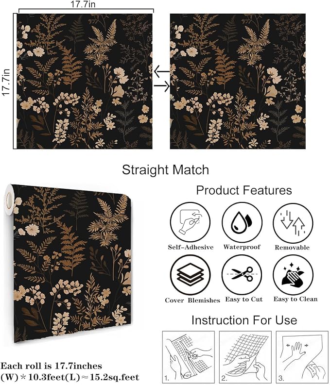 Moody Dark Vintage Floral Peel and Stick Wallpaper 17.7"x124" | Self-adhesive removable waterproof vinyl wall covering with botanical pattern for renter-friendly bedrooms and accent walls - Image 4