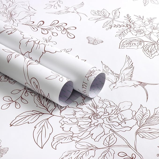 Froluya Floral Peel and Stick Wallpaper Vintage Red White 17.7in×118.1in | Red Floral Contact Paper Peel and Stick Boho Self Adhesive Wallpaper Flowers Birds Removable Wall Paper for Bathroom Decor by Froluya
