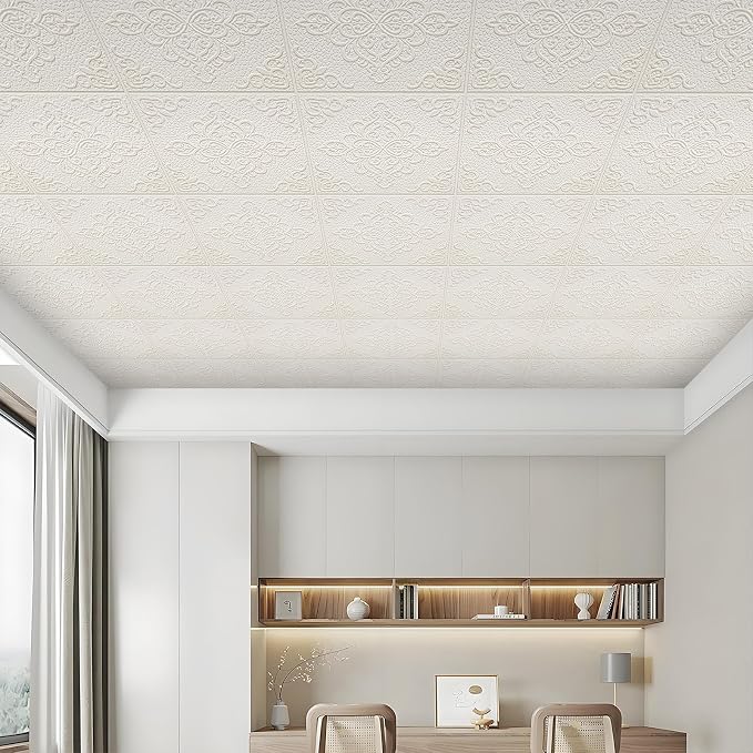 Peel and Stick Ceiling Tiles, Ceiling Tiles Foam 16 Pcs 3D Wall Panels | Covered 21 Sq.Ft, Easy to Install and Cut for Ceil & Interior Wall Decor, Symmetra Bloom Pattern (13.8 x 13.8 inch) - Image 2