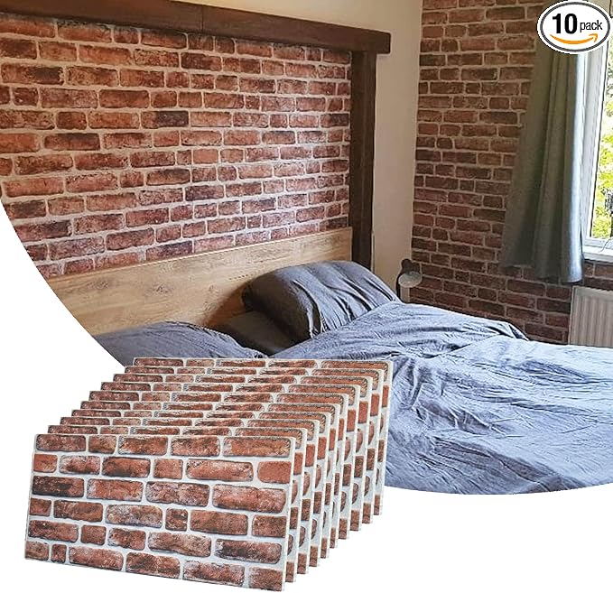 Dundee Deco 3D Wall Panels Faux Brick - Cladding, Mahogany Stone Look Wall Paneling, Styrofoam Facing for Living Room, Kitchen, Bathroom, Balcony, Bedroom, Set of 10, Covers 54 sq ft by DundeeDeco