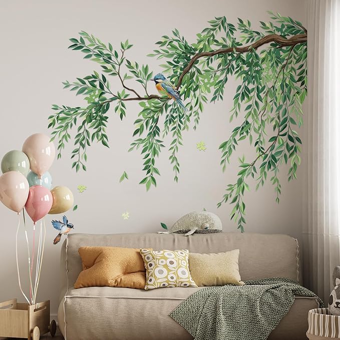 3 Sheets Large Green Tree Leaves Wall Stickers Peel & Stick Wall Decor | Hanging Vine Tree Wall Decals Peel and Stick Waterproof Leaves Branch Decor for Living Room ( 11.8 * 35.4inch) by Lilacanthara