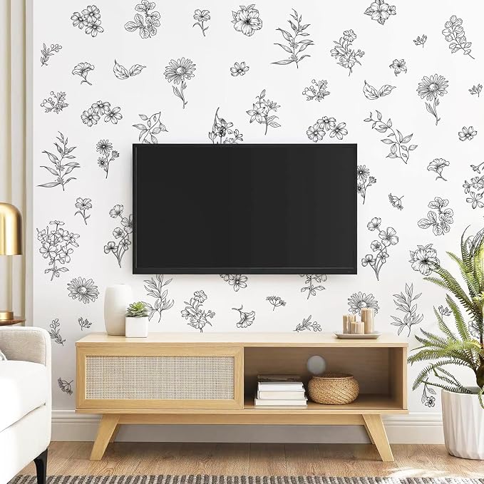 Black Flower Wall Decals Murals - 9 Sheets 67 Pcs Wildflower Botanical Plants Wall Stickers Simple Line Art Peel and Stick Vinyl Sticker for Living Room Bedroom Sofa TV Backdrop Decor - Image 2