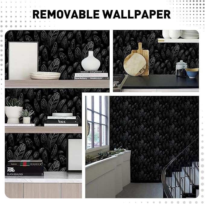 Black Peel and Stick Wallpaper 17.7"x480" Feather Wallpaper Removable Modern Vinyl Wall Paper Waterproof Contact Paper for Bedroom Living Room - Image 9