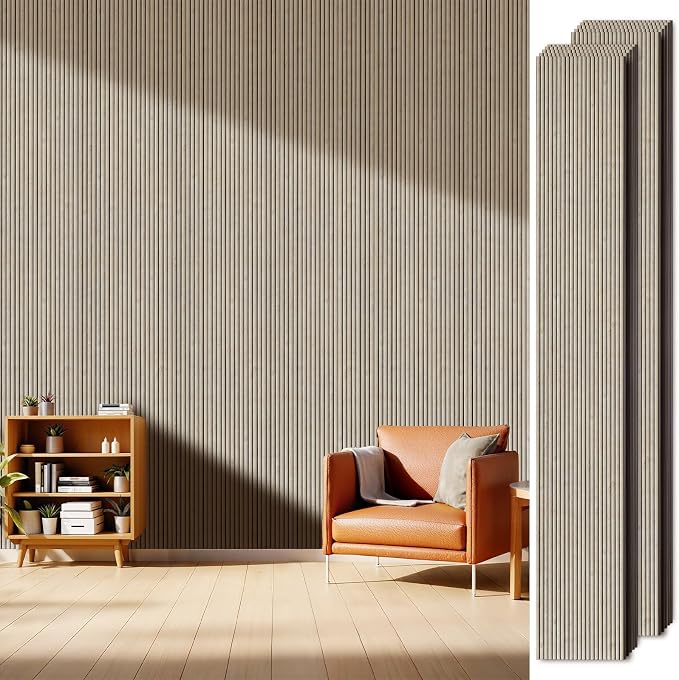 PS Wood Look Slat Wall Panels for Interior Wall Decor, 20-Pack | 78.74 x 11.81 in, Covers 129 sq.ft, Lightweight Self-Adhesive Wall Panels, 3D Wainscoting Wall Covering-White Oak by LARWORKS